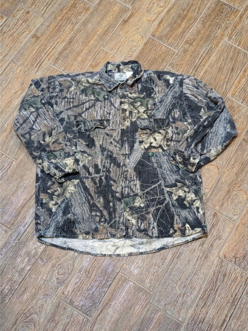 Vintage Mossy Oak Camouflage Camo Button Up Shirt USA Made Men’s Large 2XL